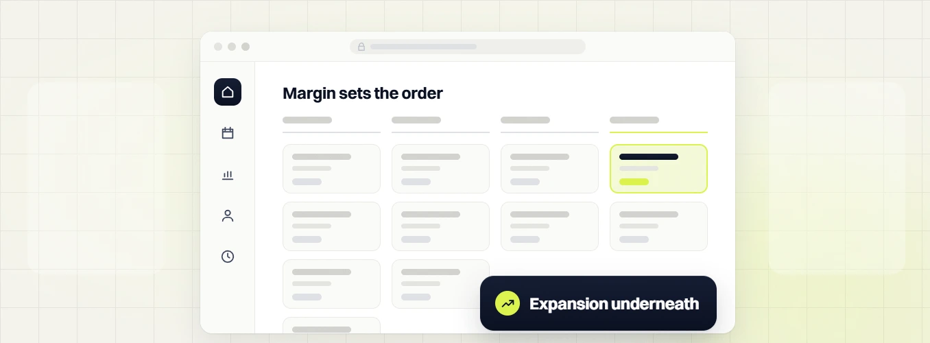 Ecommerce marketing retainer margin sets the order board of card columns, labeled expansion underneath