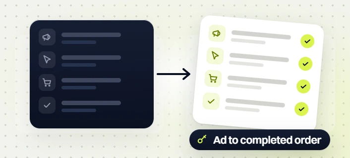 Ecommerce PPC services ad, click, cart and check steps turning into a checked list, Ad to completed order