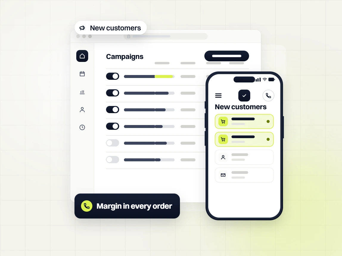 Ecommerce PPC services Campaigns dashboard with toggles beside a phone New customers list, Margin in every order