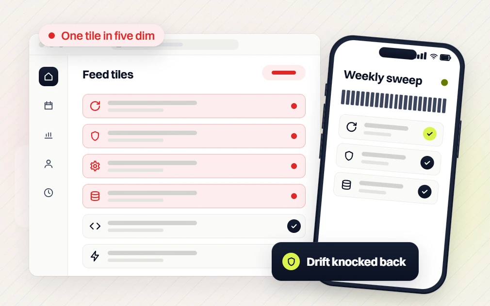 Ecommerce PPC services Feed tiles list flagged One tile in five dim beside a phone Weekly sweep screen