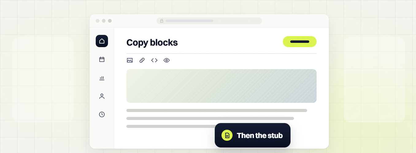 Ecommerce SEO audit Copy blocks editor with an image block, text lines and a Then the stub badge