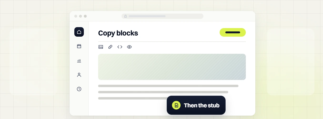 Ecommerce SEO audit Copy blocks editor with an image block, text lines and a Then the stub badge
