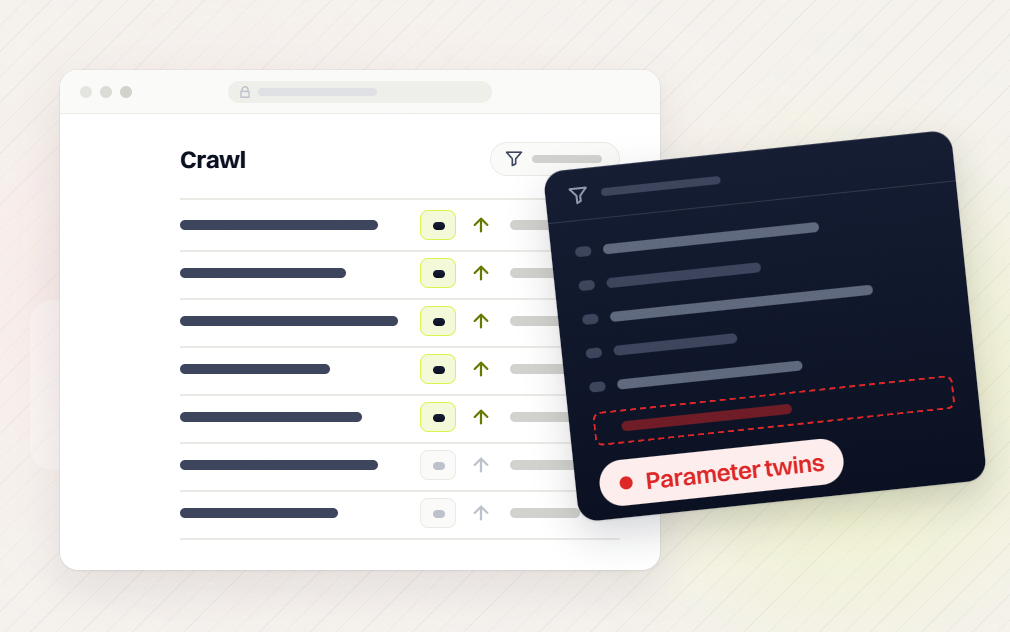 Ecommerce SEO audit Crawl list beside a filter panel flagging a row as Parameter twins