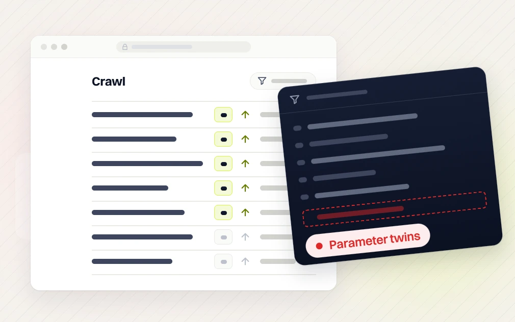 Ecommerce SEO audit Crawl list beside a filter panel flagging a row as Parameter twins