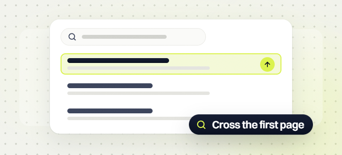 Ecommerce SEO audit search card with a highlighted rising result and a Cross the first page badge