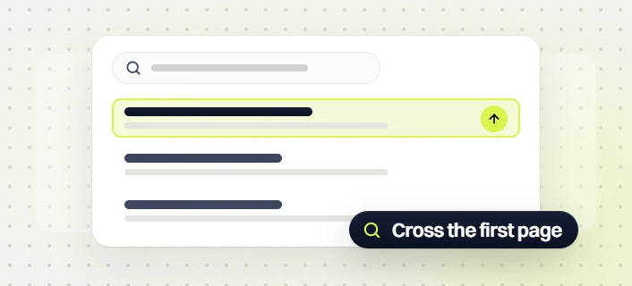 Ecommerce SEO audit search card with a highlighted rising result and a Cross the first page badge