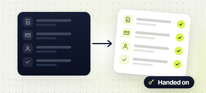 Ecommerce SEO audit page, mail, user and check items turning into a checked list with a Handed on badge