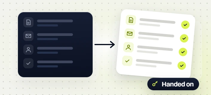 Ecommerce SEO audit page, mail, user and check items turning into a checked list with a Handed on badge