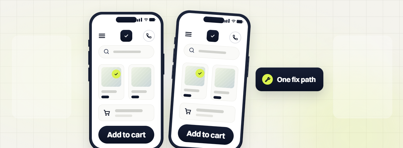 Ecommerce SEO audit two phone shop screens with Add to cart buttons and a One fix path badge