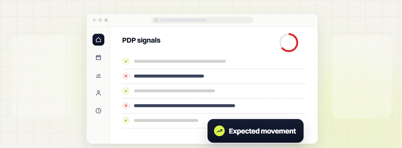 Ecommerce SEO audit PDP signals checklist with pass and fail rows and an Expected movement badge