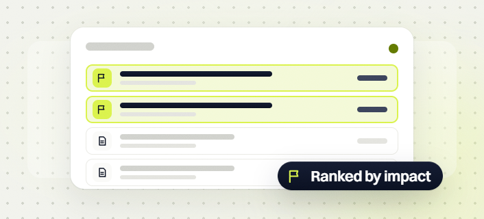 Ecommerce SEO audit findings card with two flagged rows on top and a Ranked by impact badge