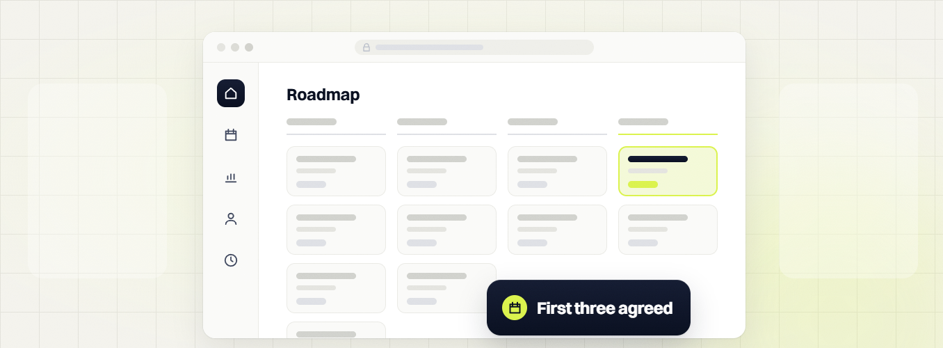 Ecommerce SEO audit Roadmap board in four columns with a highlighted card and a First three agreed badge