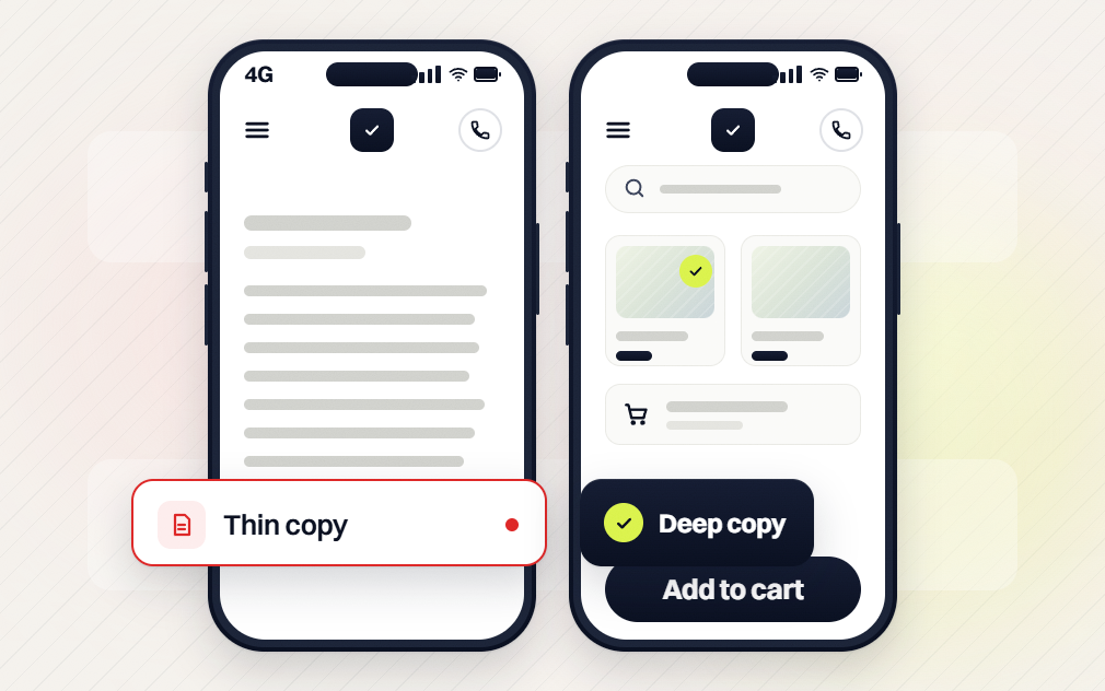 Ecommerce SEO audit phone page flagged Thin copy beside a phone shop with Deep copy and Add to cart