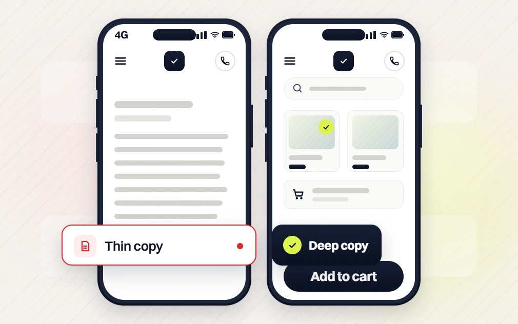 Ecommerce SEO audit phone page flagged Thin copy beside a phone shop with Deep copy and Add to cart
