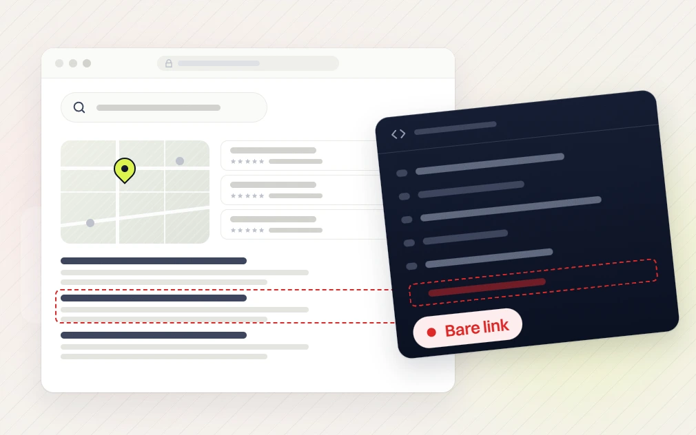 Ecommerce SEO services search page with a dashed result row and a code panel flagging a Bare link