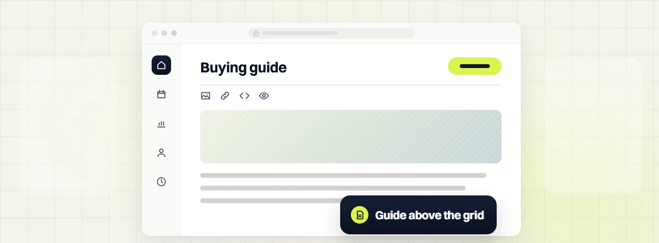 Ecommerce SEO services Buying guide editor with an image block, text lines and a Guide above the grid badge