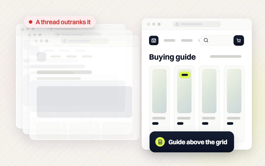 Ecommerce SEO services faded pages flagged A thread outranks it beside a Buying guide store page