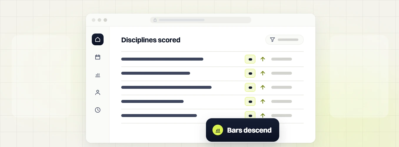 Ecommerce SEO services Disciplines scored dashboard with upward arrows and a Bars descend badge