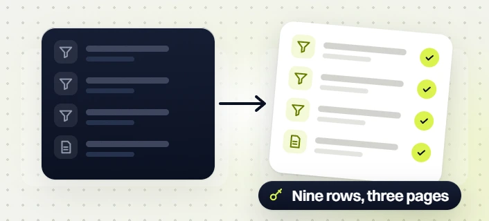 Ecommerce SEO services filter rows turning into a checked list with a Nine rows, three pages badge