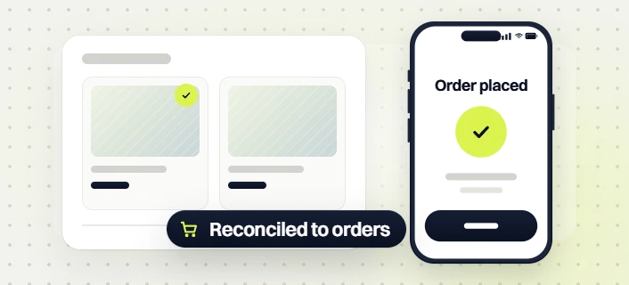 Ecommerce SEO services product cards beside a phone Order placed screen and a Reconciled to orders badge