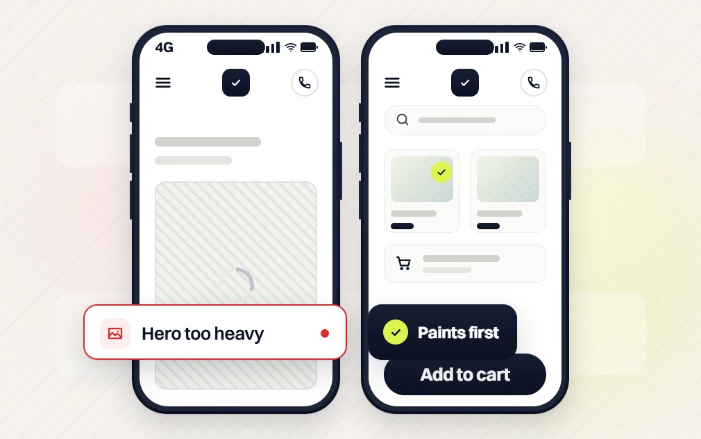 Ecommerce website design phone flagged Hero too heavy beside a phone shop that Paints first