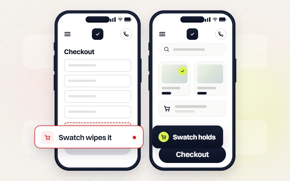 Ecommerce website design phone Checkout flagged Swatch wipes it beside a phone shop where the Swatch holds