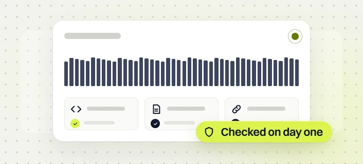 Ecommerce website design status card with uptime bars, code, page and link checks, Checked on day one