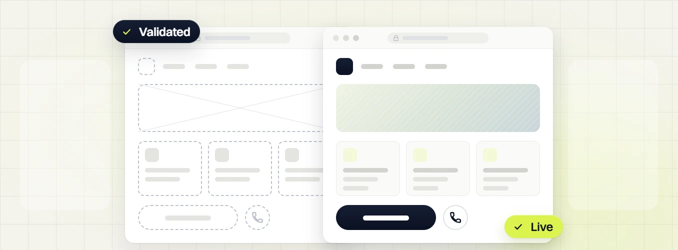 Ecommerce website design Validated wireframe beside the finished page layout marked Live
