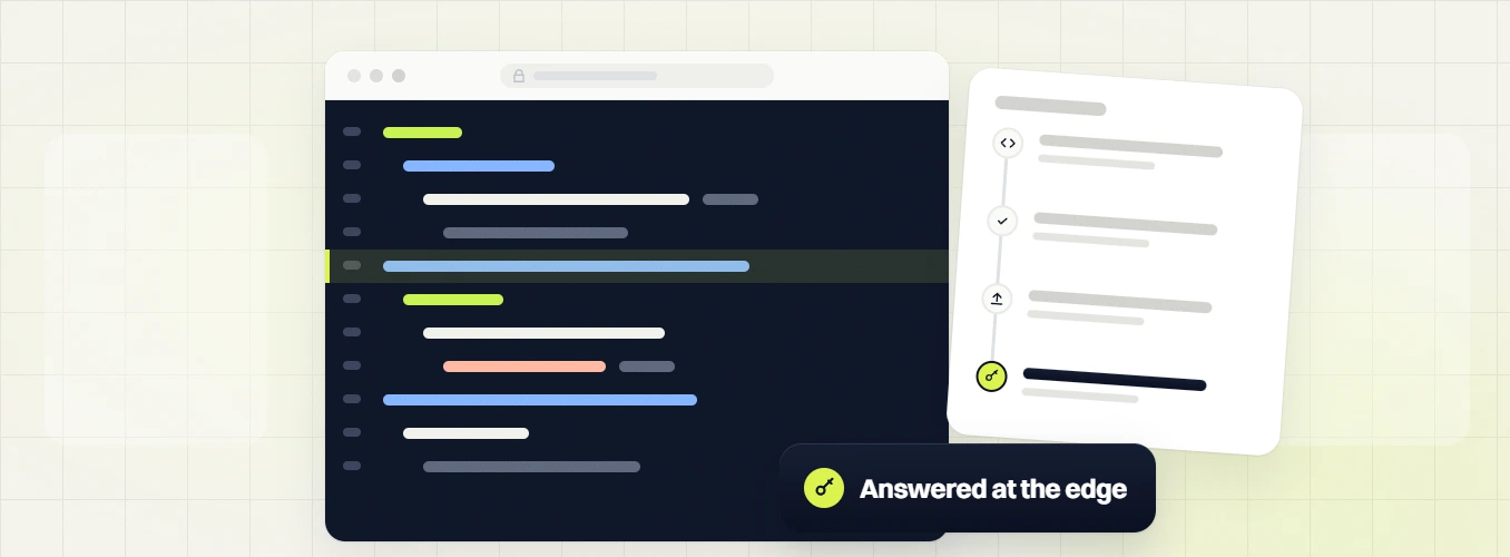 Ecommerce website maintenance code editor beside a request timeline, labeled answered at the edge