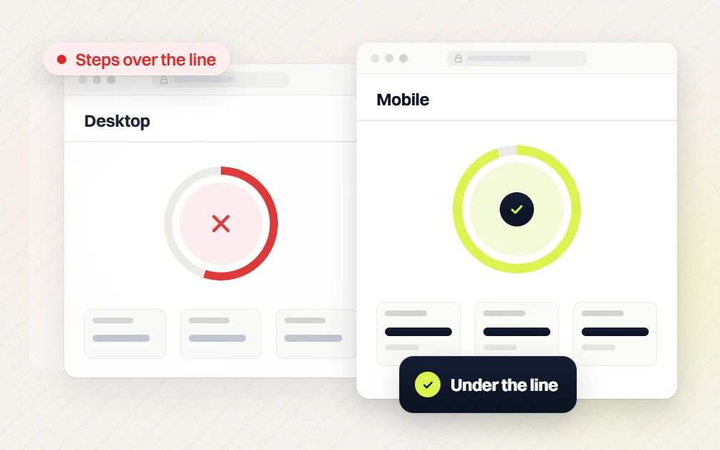 Ecommerce website maintenance desktop score that steps over the line beside a mobile score under the line