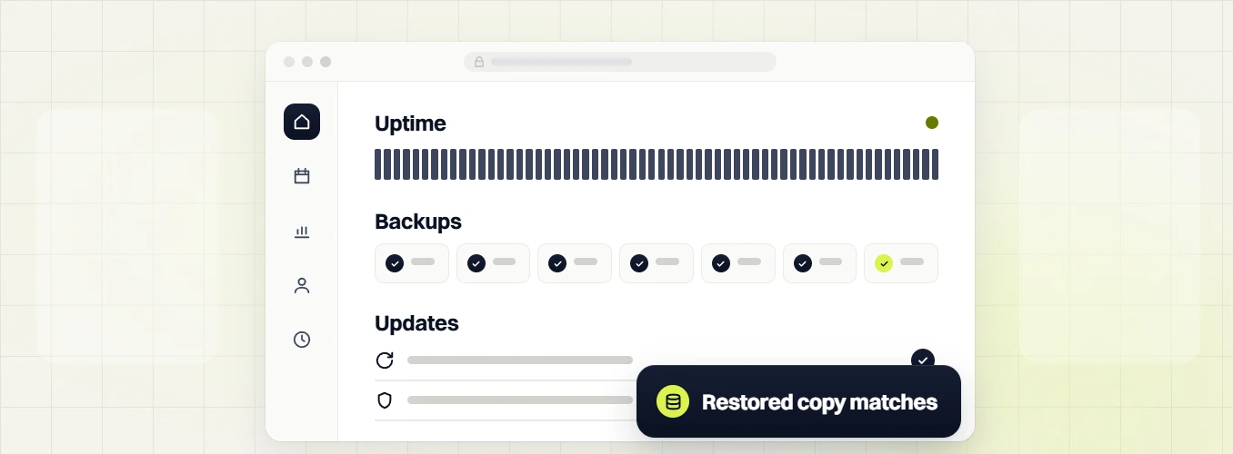 Ecommerce website maintenance uptime, backups and updates panel, labeled restored copy matches