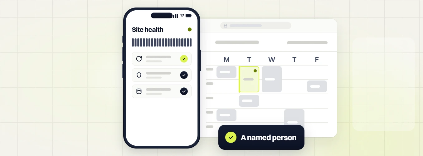 Ecommerce website maintenance site health checks on a phone and a weekly calendar, a named person