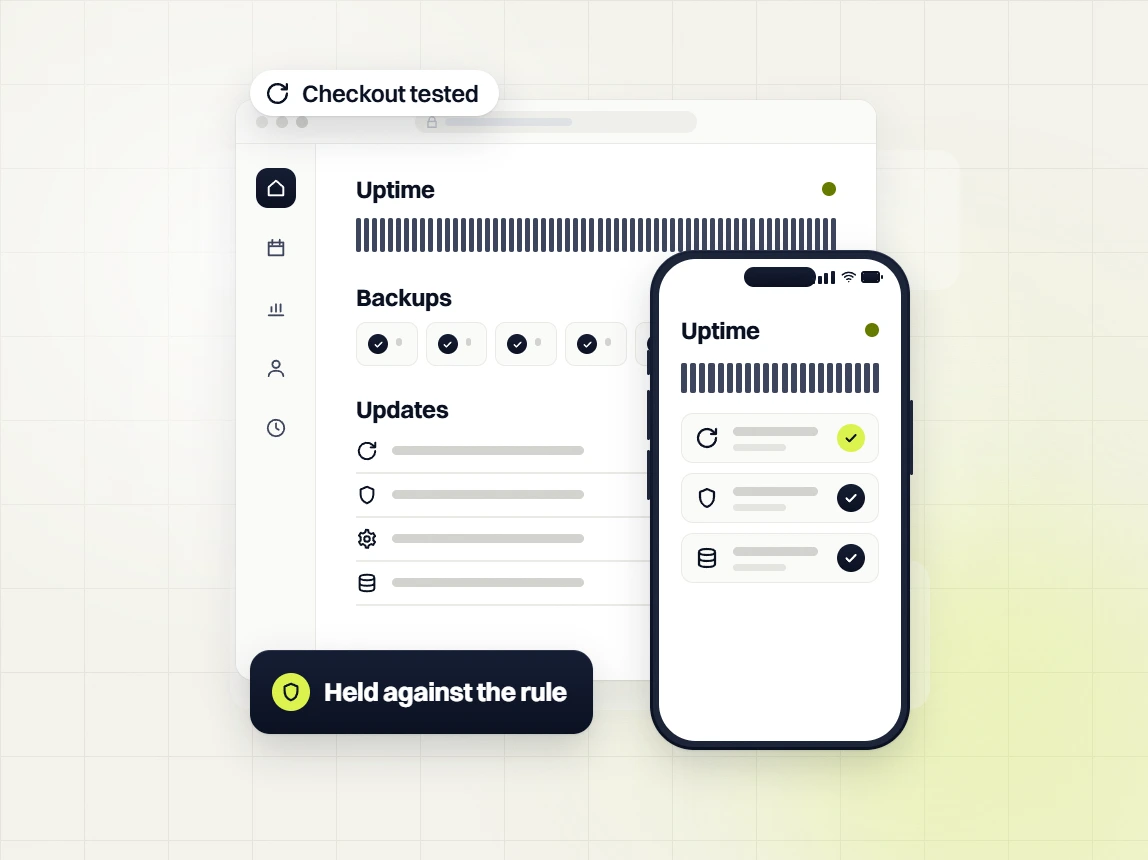 Ecommerce website maintenance uptime, backups and updates dashboard with checkout tested on a phone