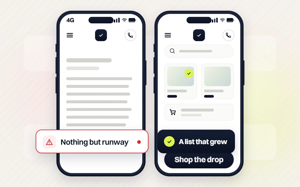 Fashion marketing agency phones comparing nothing but runway text with a shop the drop list that grew