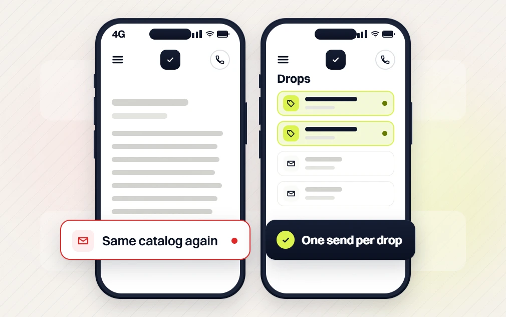Fashion marketing retainer phones comparing the same catalog email again with one send per drop
