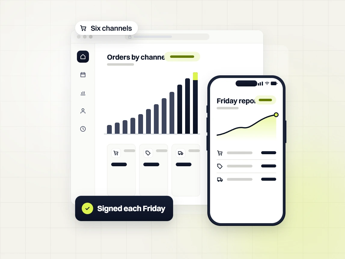 Fashion marketing retainer dashboard with an orders by channel bar chart and a Friday report on a phone