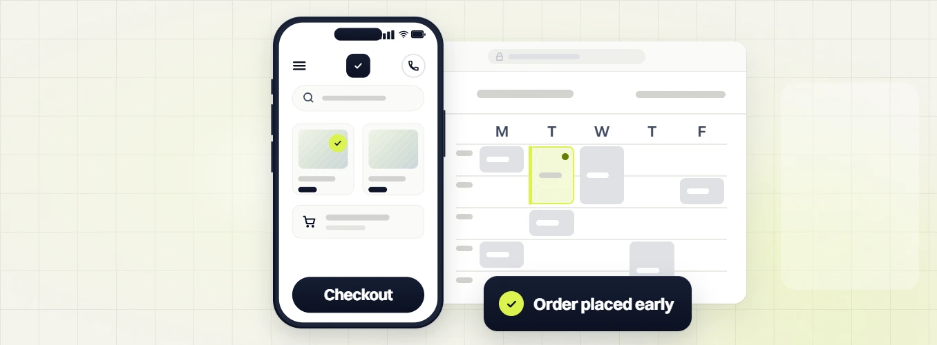 Fashion PPC services checkout screen on a phone and a weekly calendar entry, labeled order placed early