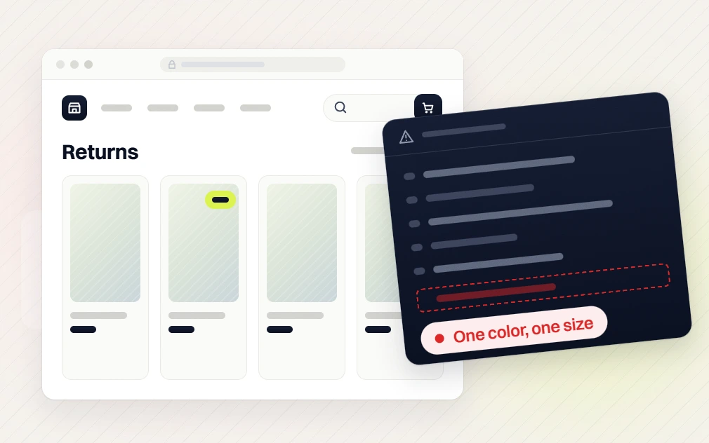 Fashion PPC services returns product grid with a warning panel flagging one color, one size