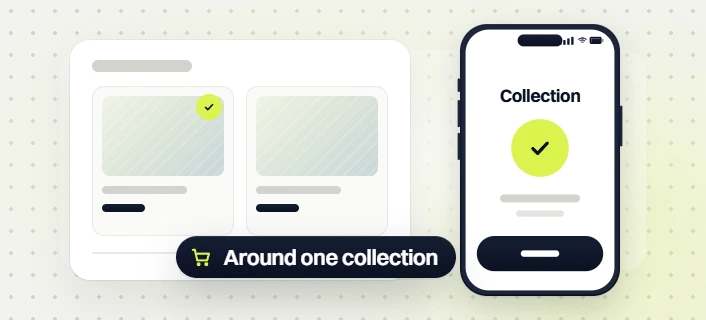 Fashion SEO services product cards beside a collection screen on a phone, around one collection