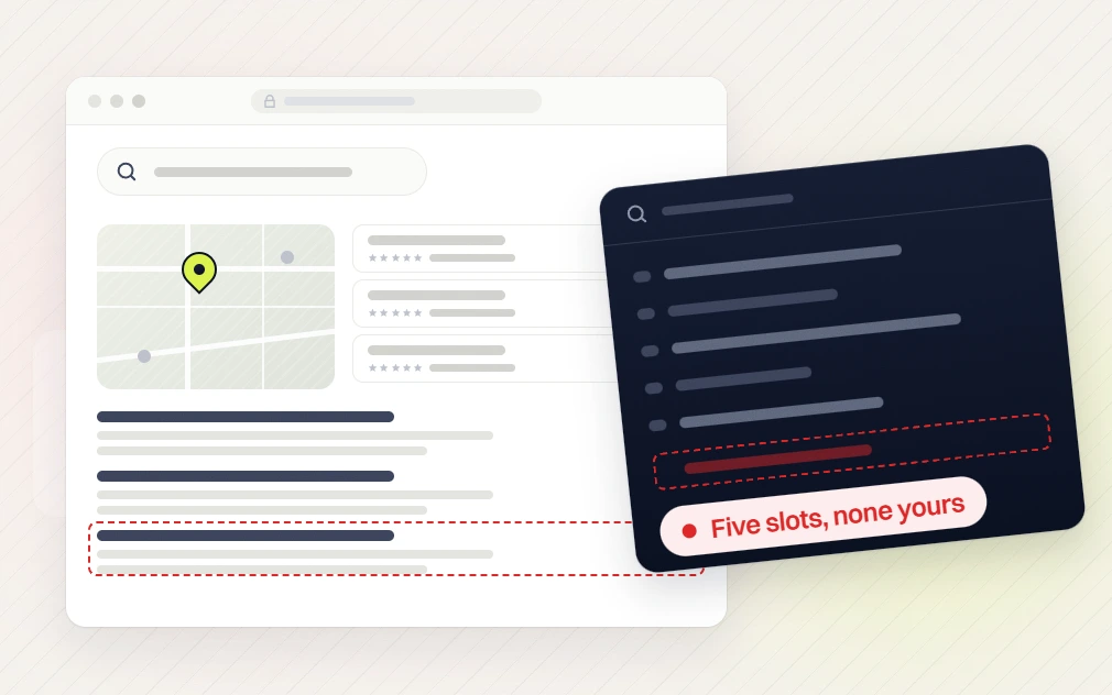 Fashion SEO services search results with a flagged listing and a panel reading five slots, none yours