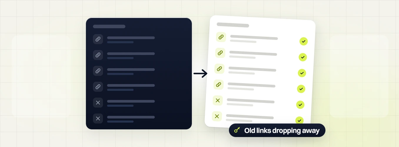 Fashion SEO services four links kept and two removed in a checked list, old links dropping away