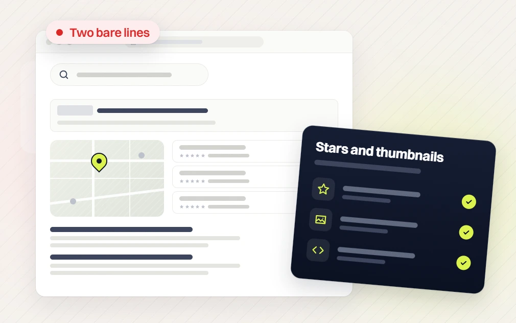 Fashion SEO services search results with two bare lines beside a stars and thumbnails checklist