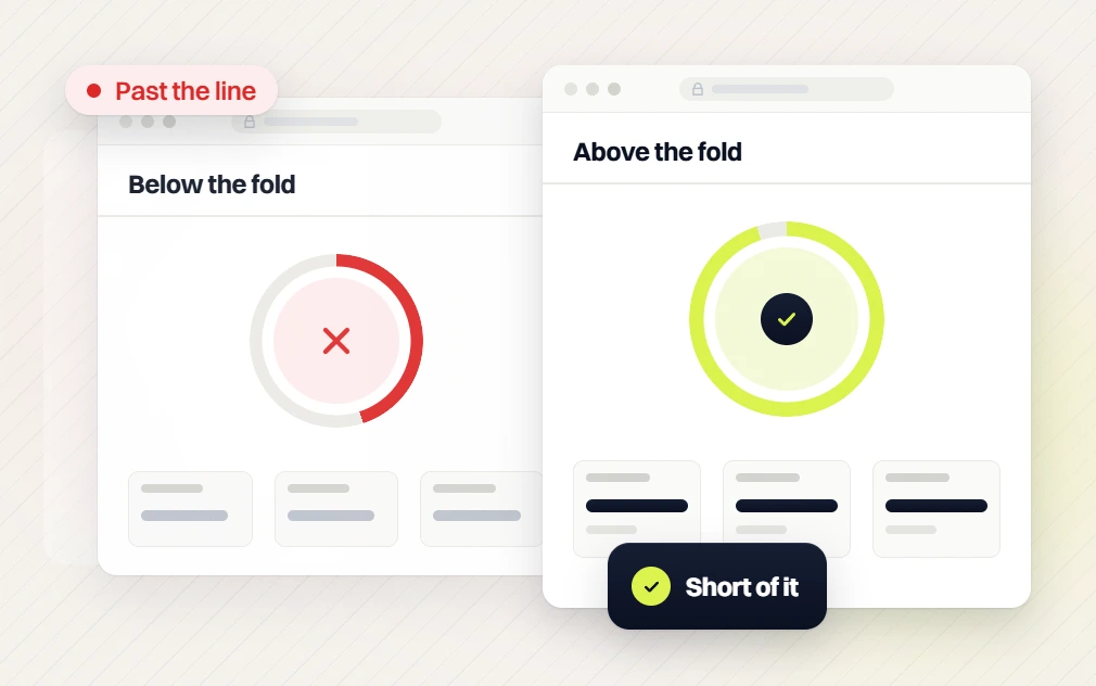 Fashion web design services below the fold page with a failed ring beside an above the fold page that passes