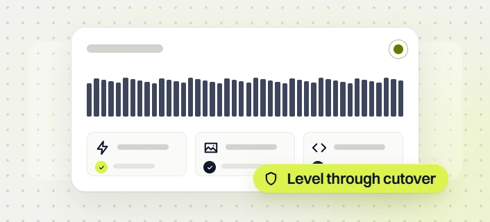 Fashion web design services uptime bars above speed, image and code checks, level through cutover
