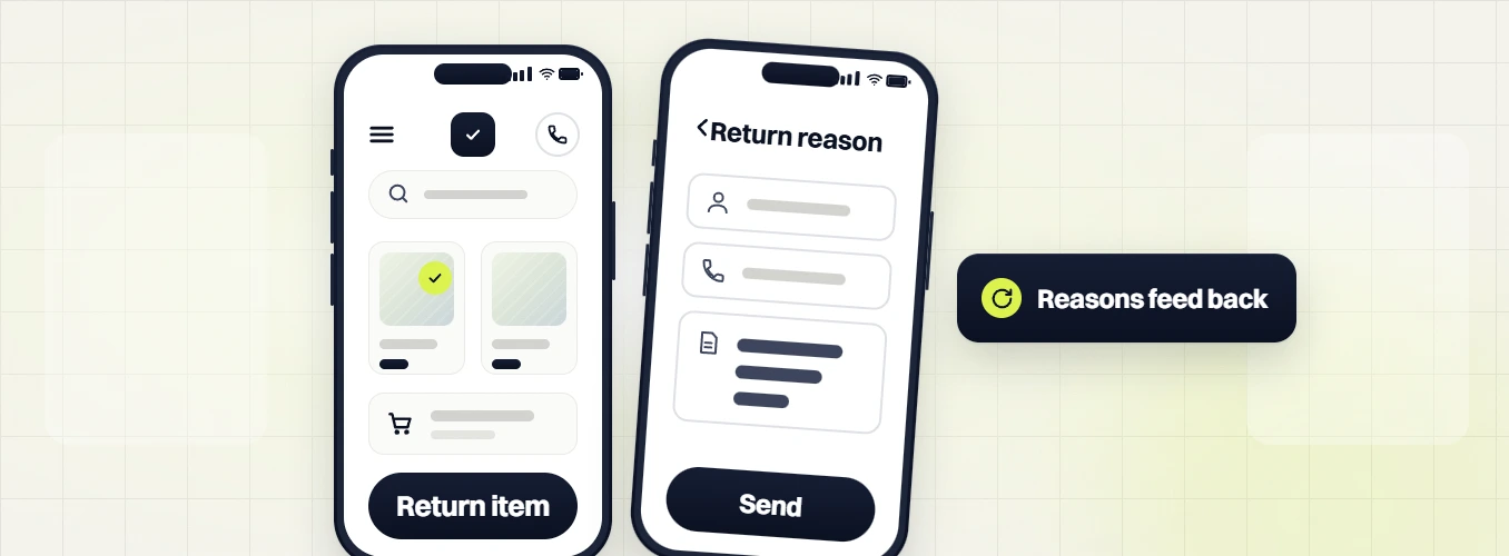 Fashion web design services phone with Return item beside a Return reason form, reasons feed back