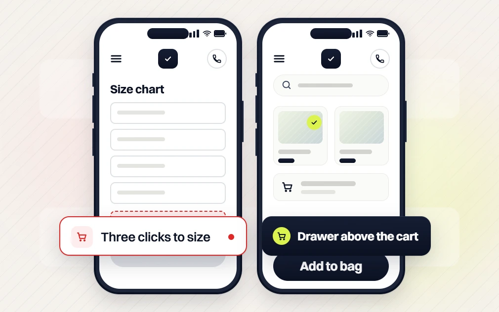 Fashion web design services phones comparing three clicks to a size chart with a drawer above the cart