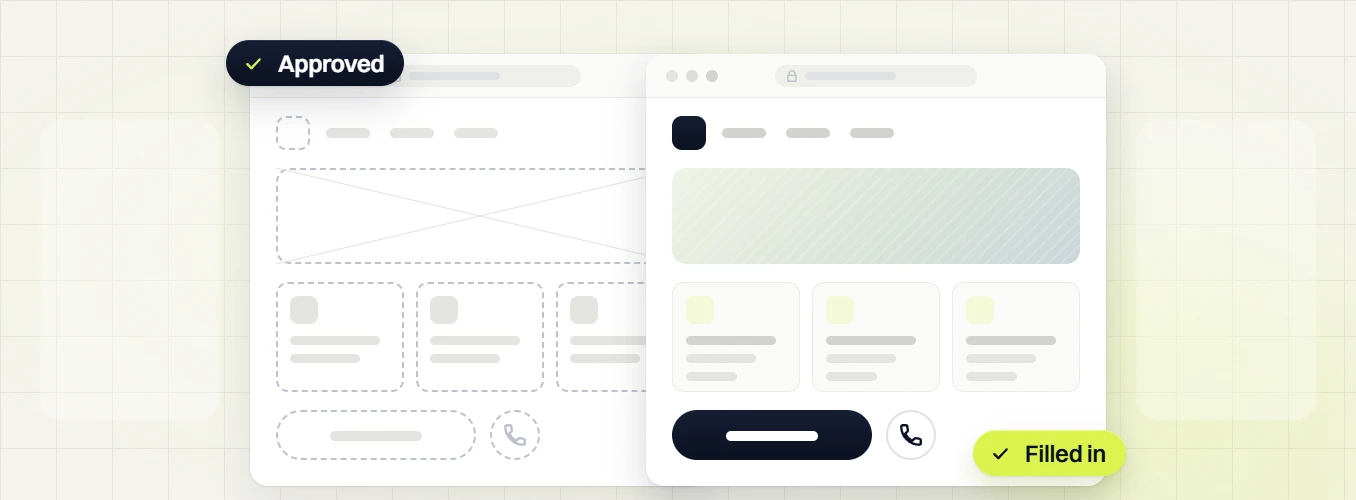 Fashion web design services approved wireframe beside the finished page with the same layout, filled in