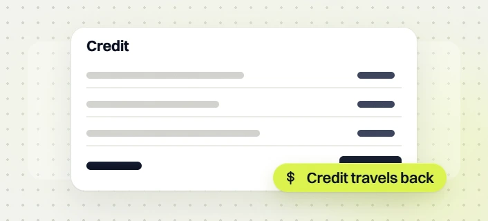 Fashion website maintenance credit card with three line items and a total, credit travels back