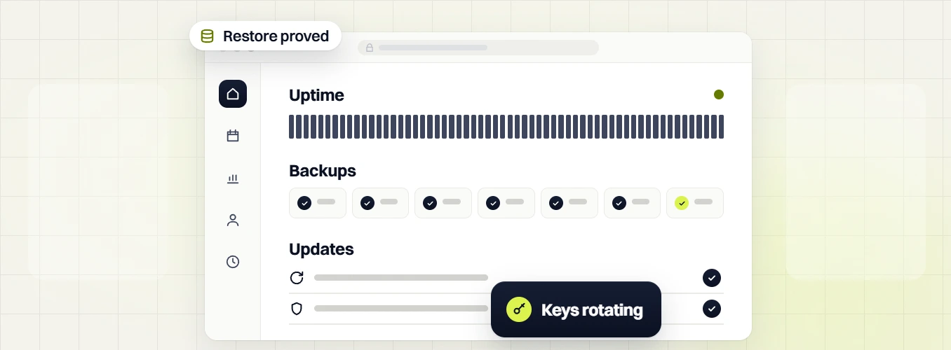 Fashion website maintenance uptime, seven checked backups and updates, restore proved and keys rotating