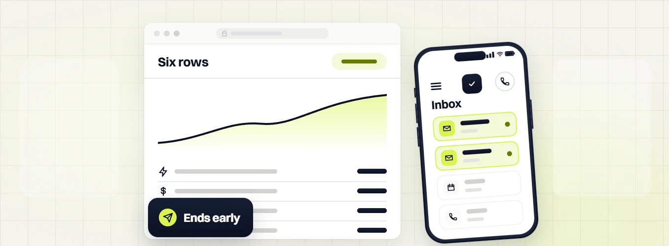 Fashion website maintenance six rows report with a rising chart beside a phone inbox, ends early